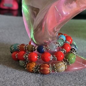 Colorful Multi-Stone Stretch Bracelet Set Of 3 with Silver Accent Bead Caps